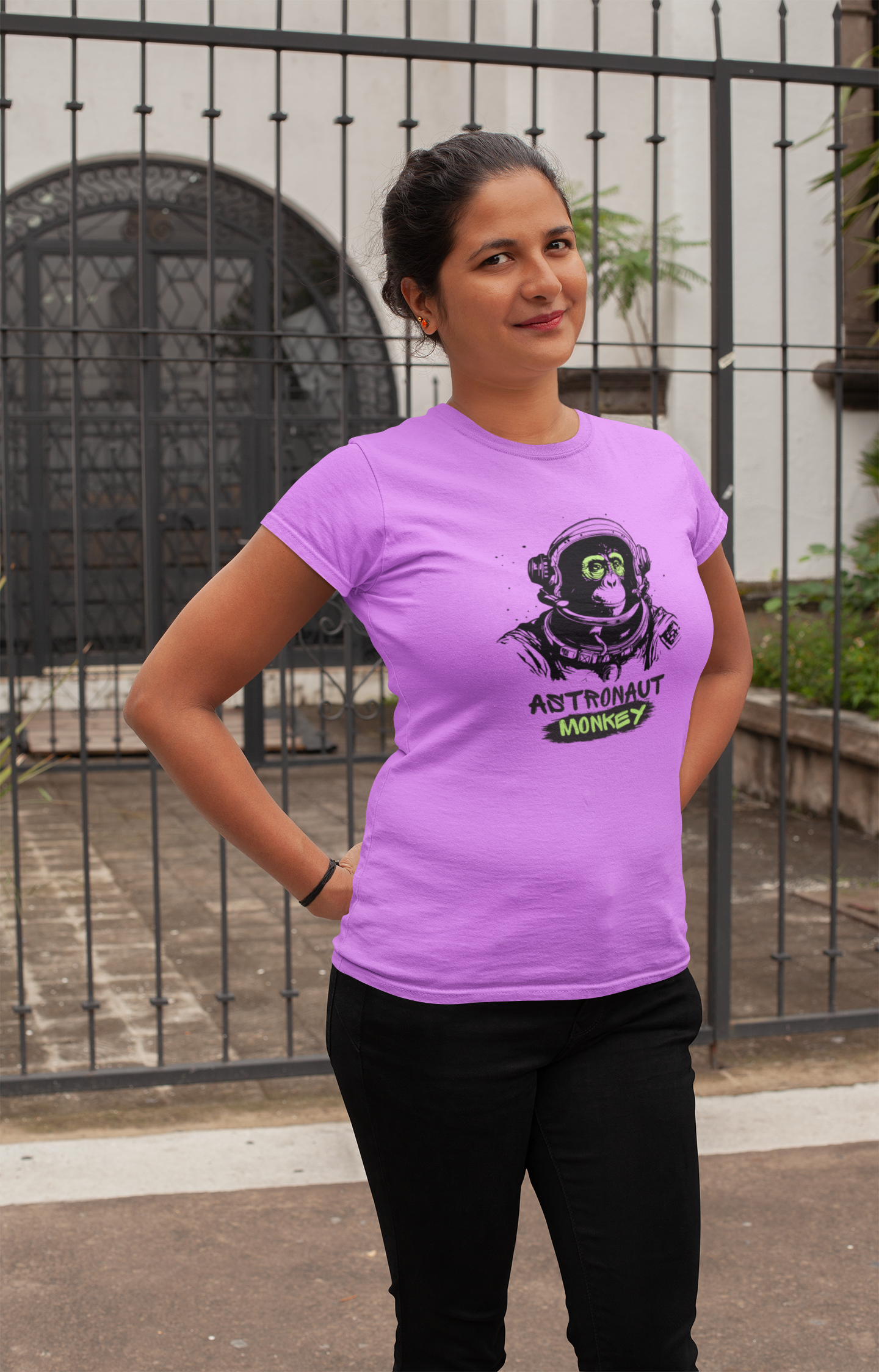 Galactic Glamour: Astronaut Monkey Women's Tee in Soft Cotton