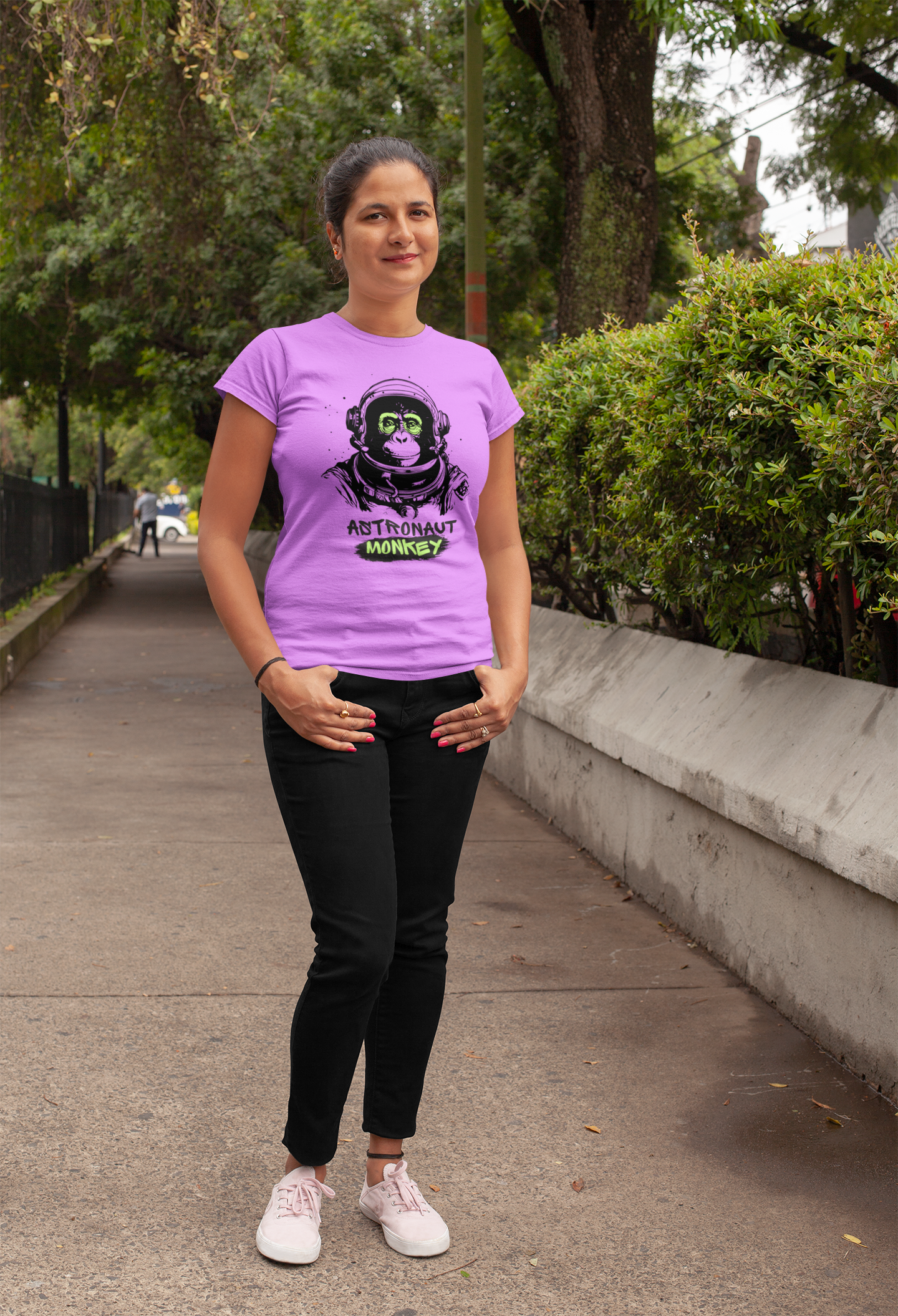 Galactic Glamour: Astronaut Monkey Women's Tee in Soft Cotton