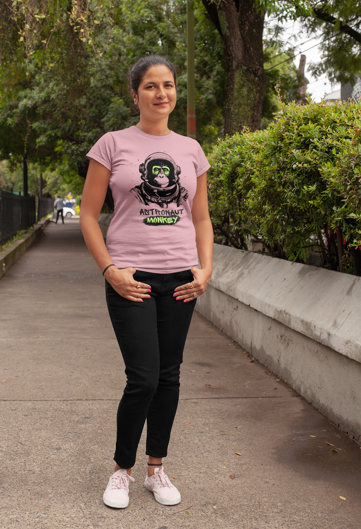 Galactic Glamour: Astronaut Monkey Women's Tee in Soft Cotton