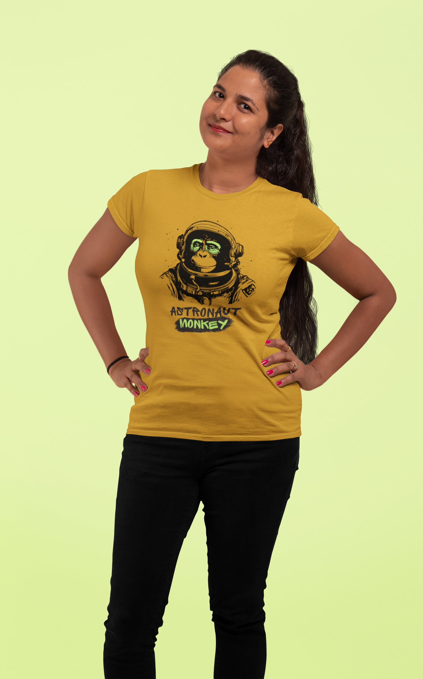 Galactic Glamour: Astronaut Monkey Women's Tee in Soft Cotton