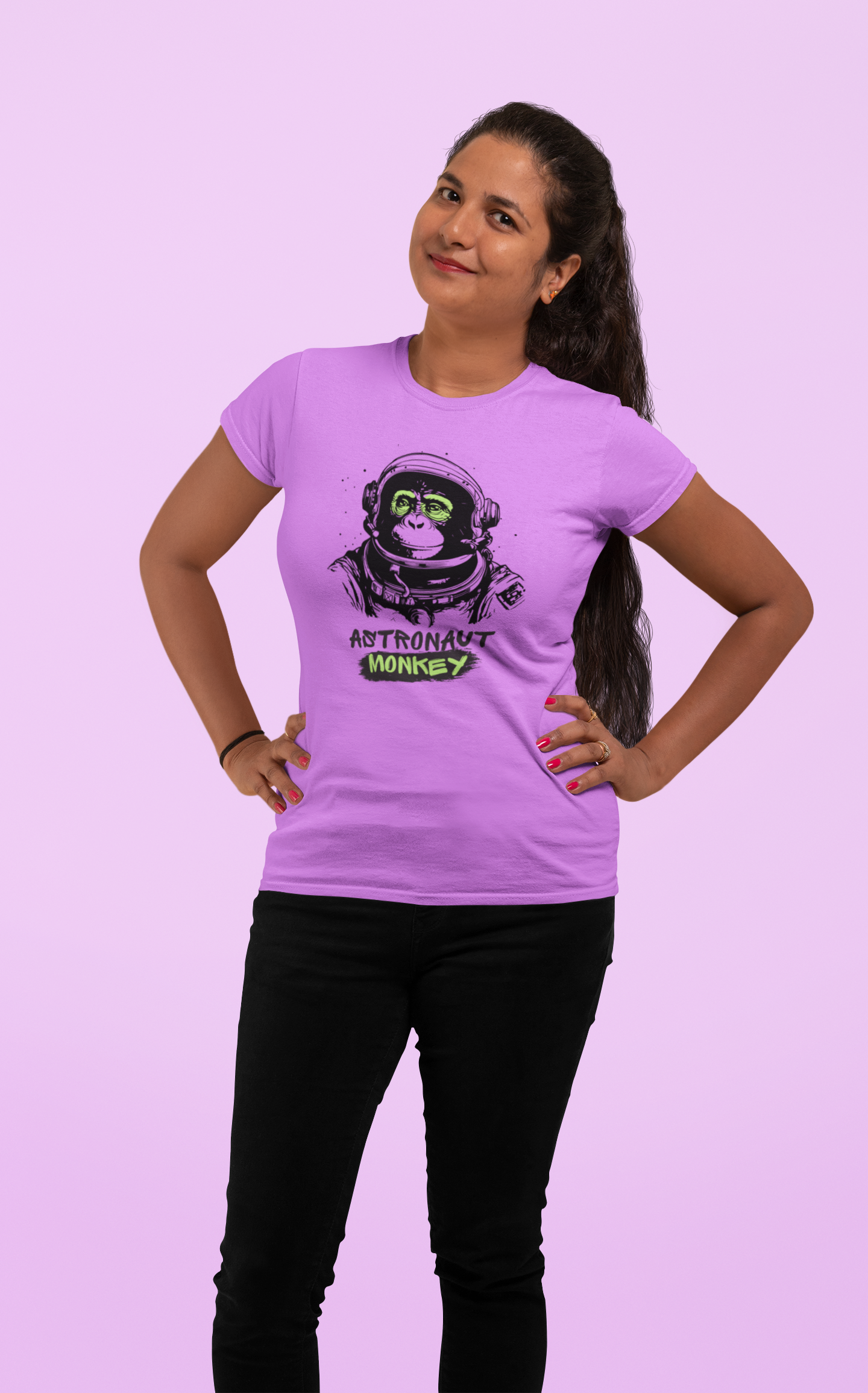 Galactic Glamour: Astronaut Monkey Women's Tee in Soft Cotton