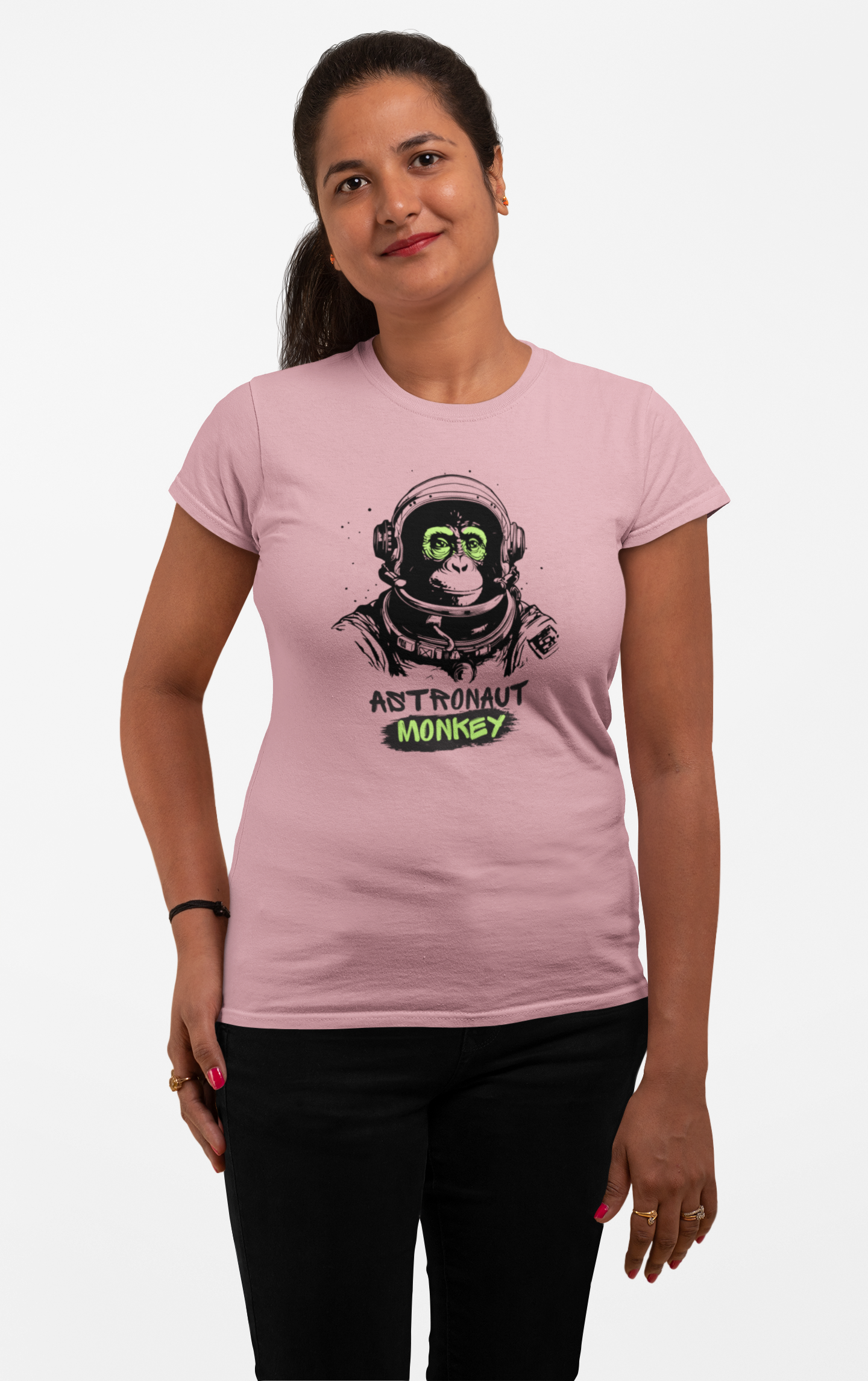 Galactic Glamour: Astronaut Monkey Women's Tee in Soft Cotton