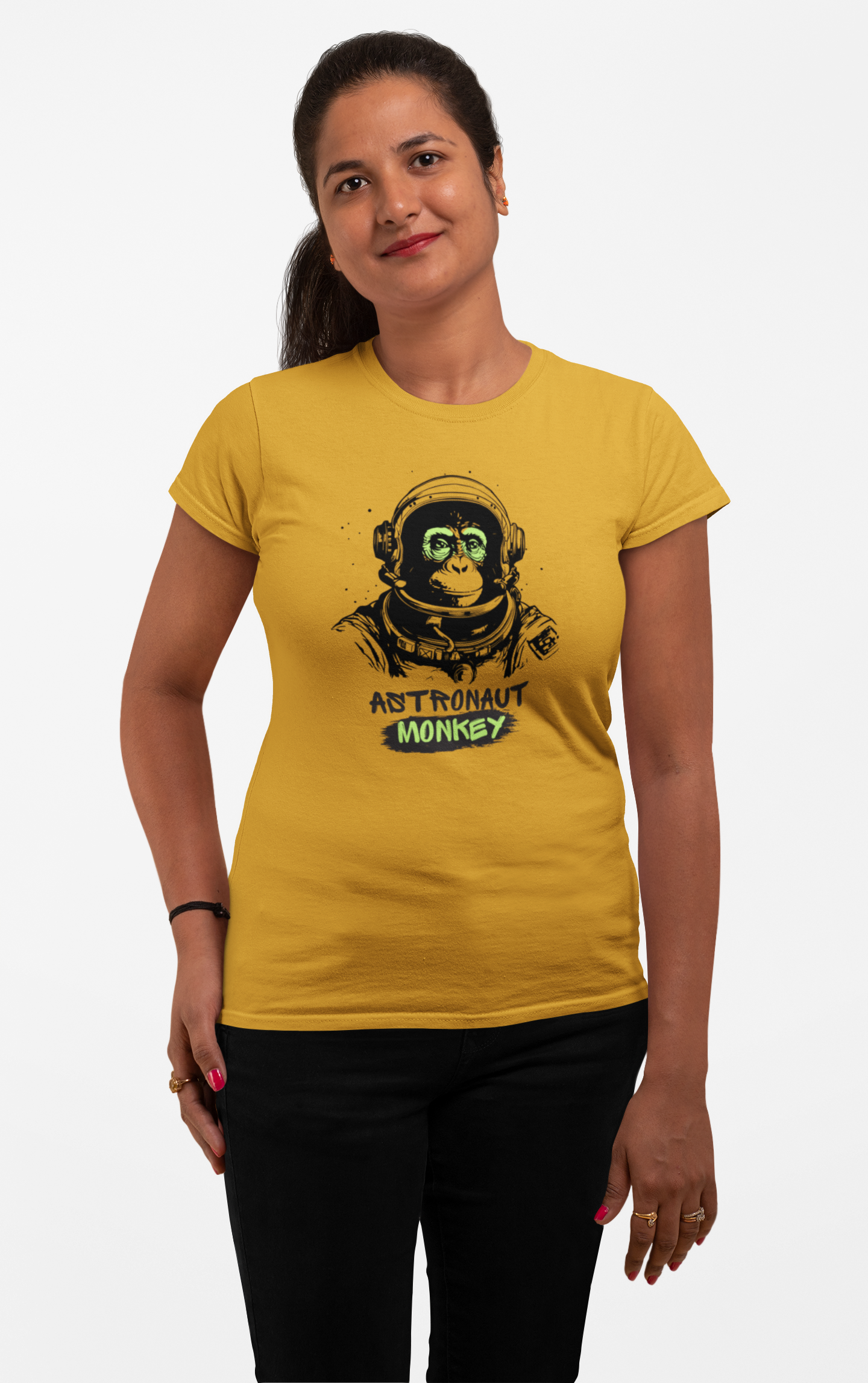 Galactic Glamour: Astronaut Monkey Women's Tee in Soft Cotton